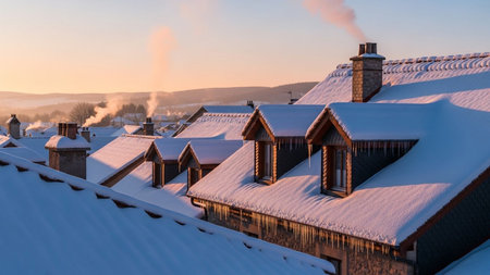 Snowy roofs of a small village in the countryside at sunset.の素材