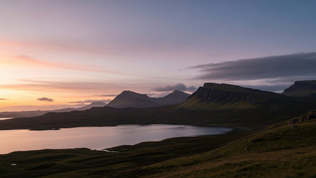 Icelandic landscape with lake and mountains in the background during sunsetの素材