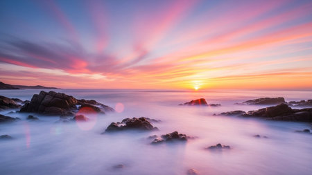 Long exposure of a beautiful sunset over the sea, long exposure photographyの素材
