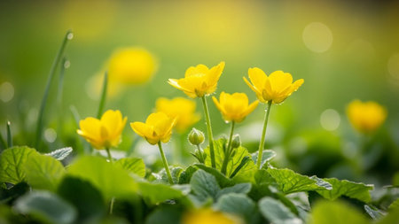 Delicate yellow buttercup flowers with dew drops on their green leaves, bathed in soft sunlight with a blurred green...の素材