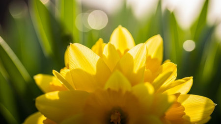 A vibrant yellow daffodil flower is captured in close-up, with soft green leaves and blurred bokeh lights in the...の素材