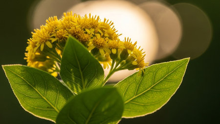 Delicate yellow goldenrod flowers are captured in a close-up macro view, with a soft, sunlit bokeh in the background.の素材