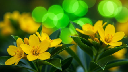 Soft showing close-up of bright yellow flowers with soft green bokeh lights in the background. resolutionの素材