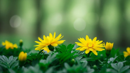 20260115 showing close-up of bright yellow daisy-like flowers with green leaves and a soft bokeh background.の素材