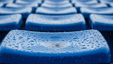 Covered showing close-up of empty blue stadium seats covered in raindrops with a single drop falling.の素材