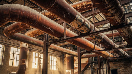 An atmospheric view inside an abandoned industrial building. Large, rusty metal pipes dominate the scene, stretching across the ceiling and walls. The surfaces of the pipes show significant corrosion and peeling paint, indicating age and neglect. Sunlight streams through broken or dusty windows, casting dramatic beams of light and highlighting the dust particles in the air. The overall mood is one of decay, history, and urban exploration, with a strong emphasis on the textures of rust,...の素材