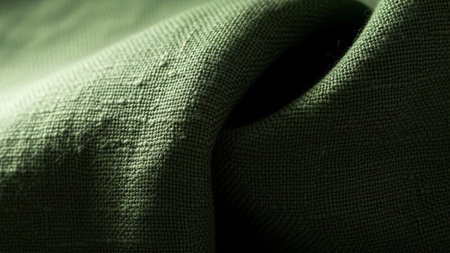 A detailed macro captures the intricate texture of green linen fabric. The focuses on the woven pattern of the threads, highlighting the natural fibers and the subtle imperfections that give it character. Soft shadows play across the surface, emphasizing the depth and tactile of theの素材
