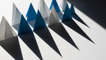A minimalist composition featuring a row of precisely folded paper triangles. Some triangles are white, while others are a vibrant blue, creating a subtle color variation. They are arranged in a linear fashion, casting long, sharp shadows onto a clean white surface. The interplay of light and shadow creates a strong sense of depth and geometric form, highlighting the crisp edges and clean lines of the origami shapes.の素材