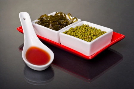 seaweed and Mung beans in a ceramic bowlの写真素材