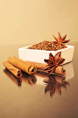 Star anise, cinnamon and flaxの写真素材