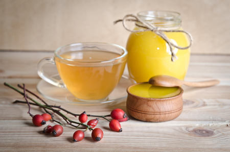 Still life from cup of tea , honey and hawthornの写真素材