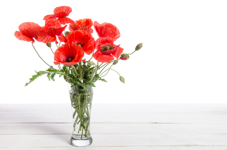 Bouquet of red poppies in glass vase on old white wooden tableの写真素材
