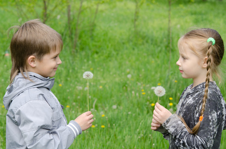 Boy and girl Standing In Field Showing Dandelionsの写真素材
