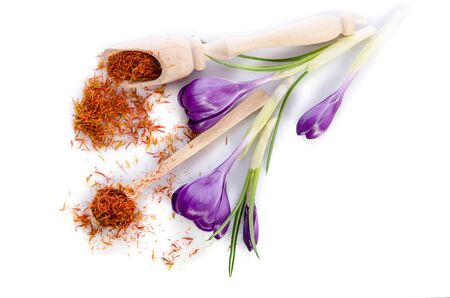 crocus flower with saffron isolated on white backgroundの写真素材