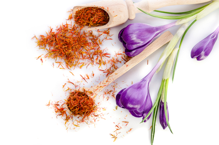 crocus flower with saffron isolated on white backgroundの写真素材