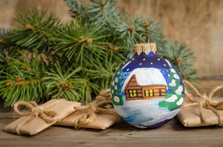 painted Christmas ball, branch of fir and Christmas mailの写真素材