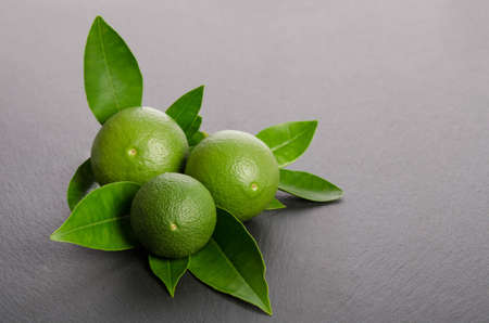 three green limes with leaves on a gray background