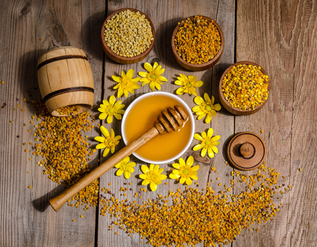 beekeeper's still life on wooden backgroundの写真素材