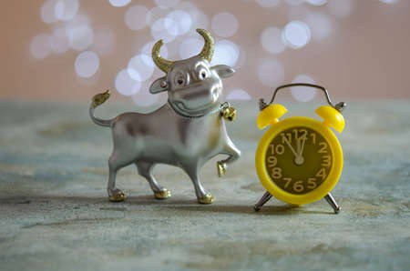 New Year's composition. Bull. Alarm clock. Bokeh Balls Christmas decorations