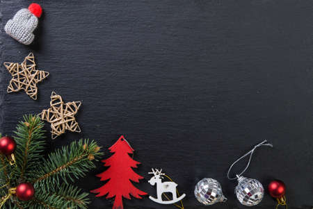 Christmas decoration. Frame made of Christmas toys and empty space for text. Greeting card.