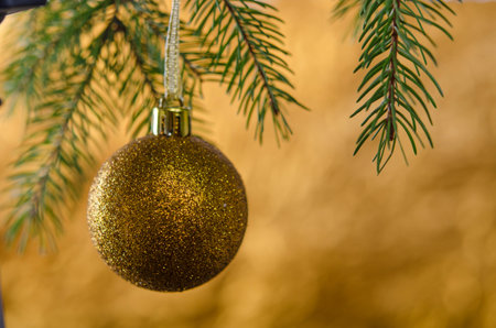 Golden ball on a Christmas tree branch, on a gold background. New Year decoration.の写真素材