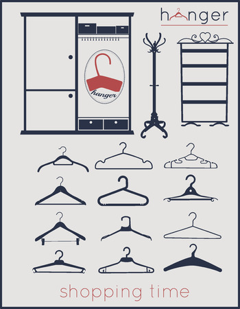 Hangers vector icons set, various hangers and floor hanger with wardrobe, currently shopping timeのイラスト素材