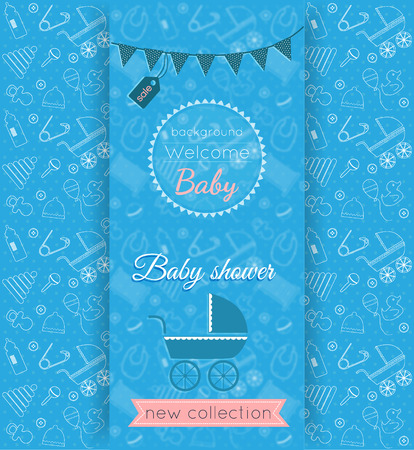 Vector baby blue card with blurred background and seamless pattern with babies toys and items on backgroundのイラスト素材