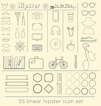 Vector signs and symbols templates for your design, linear icon. Huge set of vintage styled design hipster icons.  Larg set of gadgets, sunglasses, mustache, ribbons infographcs element and other things.のイラスト素材