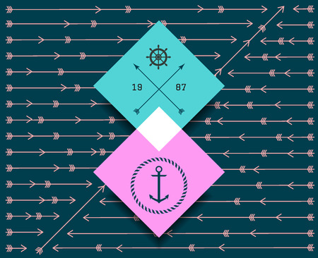 Hipster card, geometric colorful retro vintage cute fashion background with anchor and helm icons.のイラスト素材