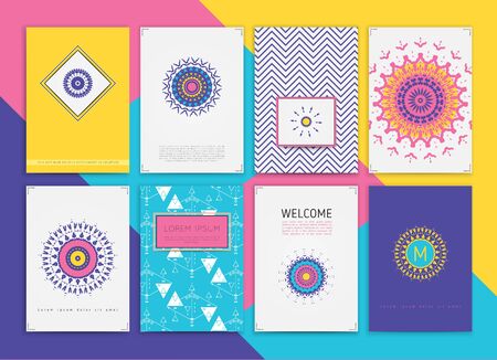 Cute Collection of Templates and modern creative cards. Hipster textures and shapes. Retro patterns for Posters, Flyers and Banner Designs.のイラスト素材