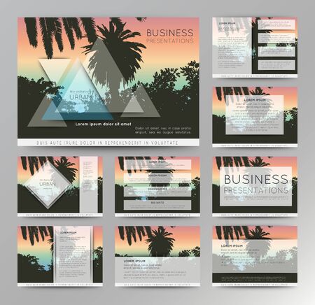 Palm tree poster and print , tropical background. Business template for brochure, flyer or booklet. Set of vector templates for presentation slides and power-point presentation.のイラスト素材