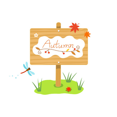 Wooden sign on a grass with Maple Leafs and dragonflyのイラスト素材
