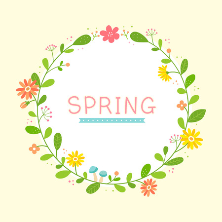 Spring wreath round frame with spring flowersのイラスト素材
