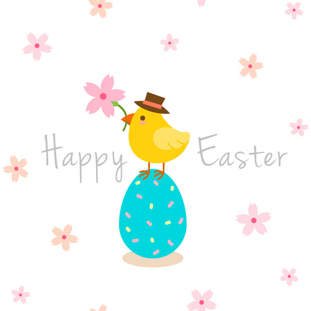 Easter egg and cute chick with cherry flower patternのイラスト素材