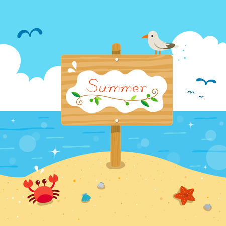 Summer wooden sign with crab, starfish, seagull in the beachのイラスト素材
