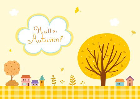 Autumn landscape with ginkgo tree and villageのイラスト素材