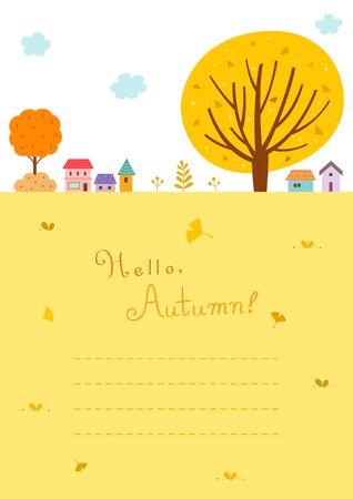 Autumn landscape with ginkgo tree and villageのイラスト素材
