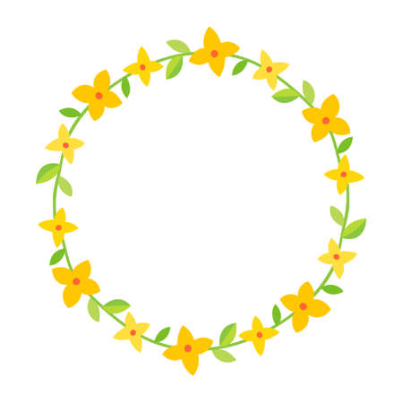 Forsythia flowers decorative round frame isolated on white background.のイラスト素材