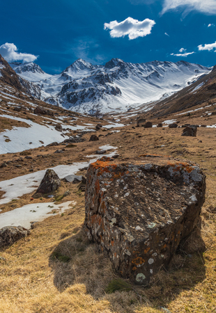 mountain snowy landscape France blue sky with cloudsの写真素材