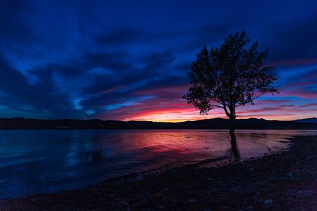 sunset with incredible colors on a lake with the silhouette of a treeの写真素材