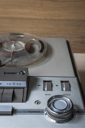 start of old tape recorder, play, pause, rewind, man playingの写真素材