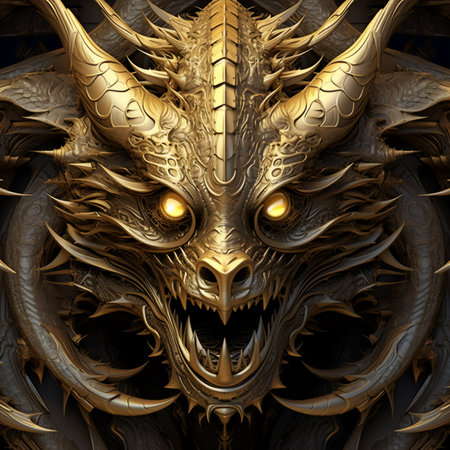 3D rendering of a fantasy dragon with golden and black elements isolated on black backgroundの素材