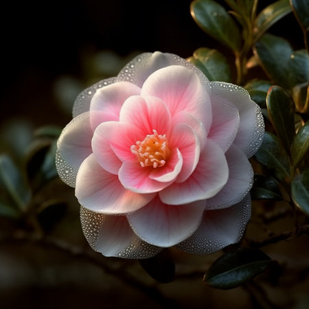 Camellia flower with dew drops on the petalsの素材