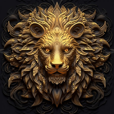 Lion head with gold ornament on a black background. 3d renderingの素材