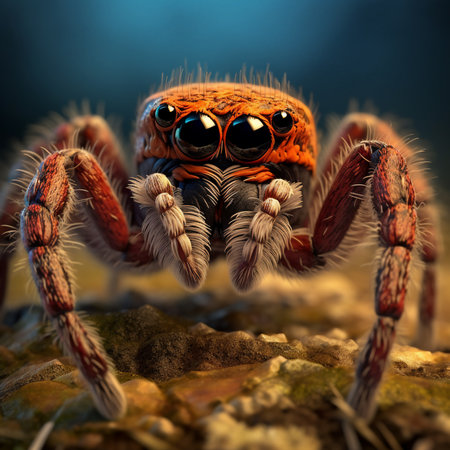 3d rendering of a jumping spider with big eyes on a dark backgroundの素材