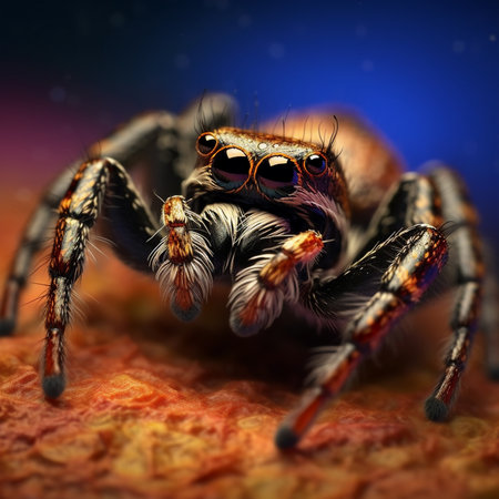 jumping spider close up on colorful background. 3d illustration.の素材
