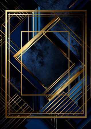 Abstract blue and black background with gold geometric pattern. Vector illustration.の素材