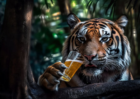 Close up of a tiger drinking beer in the forest. (Panthera tigris altaica)の素材