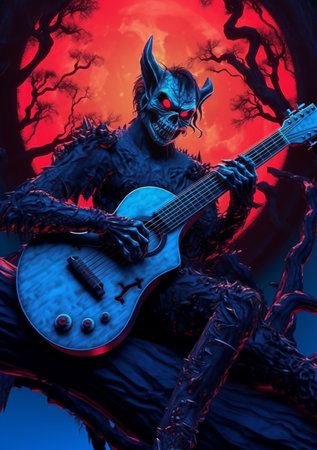 3D rendering of a demon playing an electric guitar in a dark forestの素材