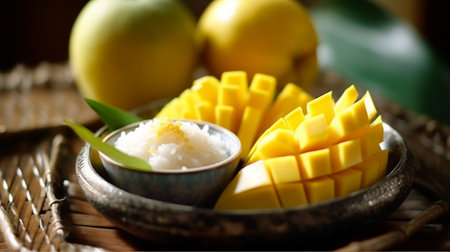 Ripe mango and sticky rice in bowl on wooden table background.の素材